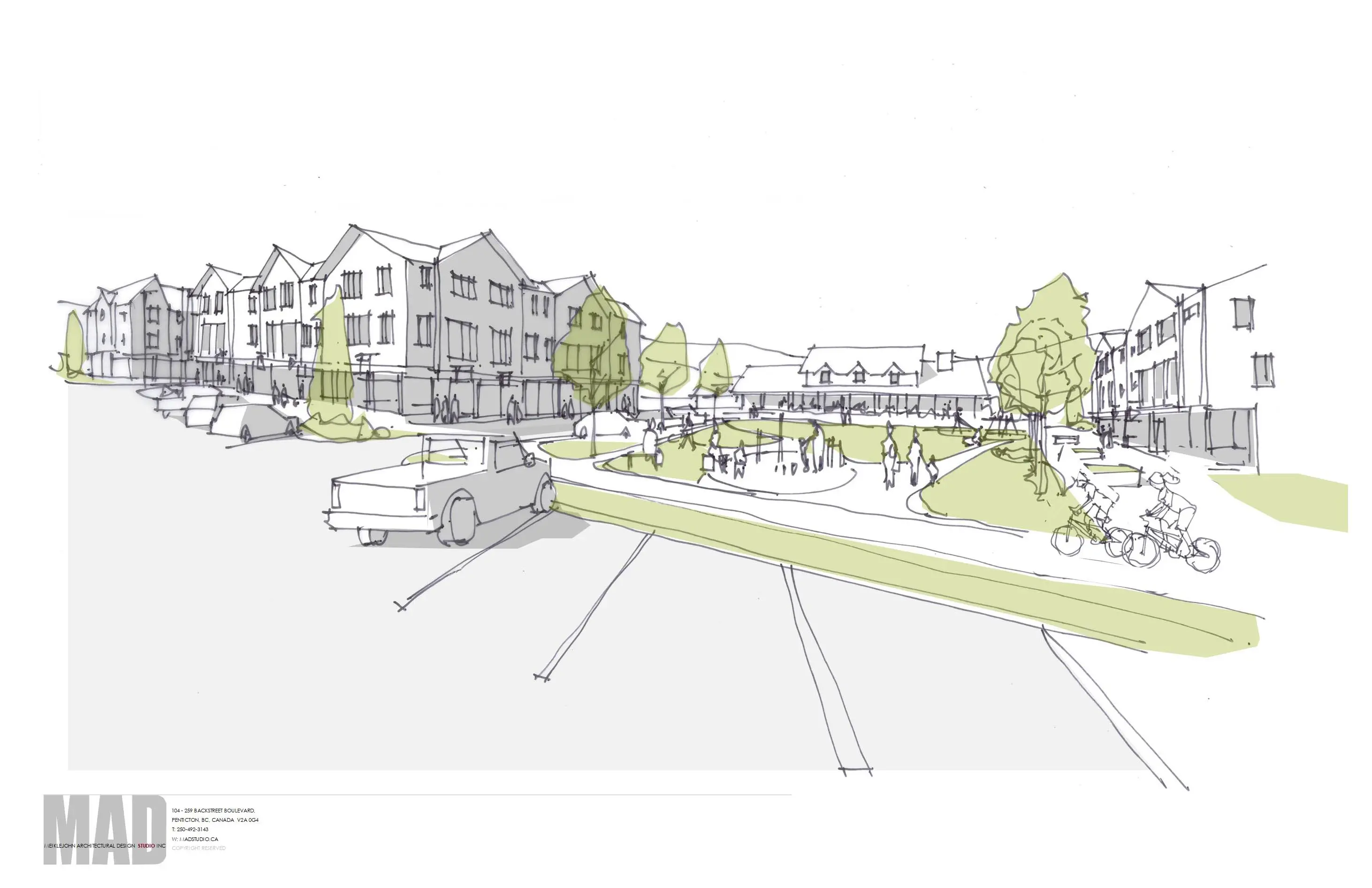 A drawing of an intersection with cars and people.