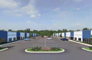 A rendering of the parking lot for a new retail center.