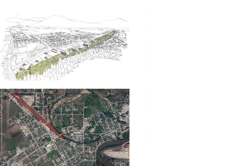 A drawing of the city and an aerial view of the city.